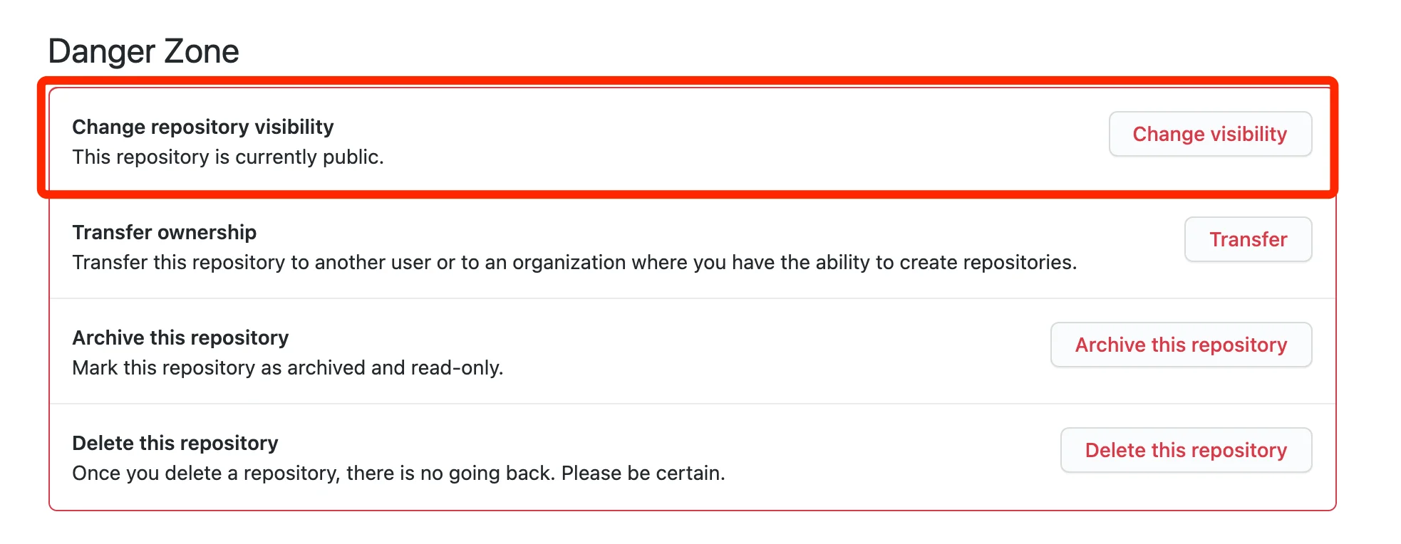 Where to find "Change Visibility" of a GitHub repository